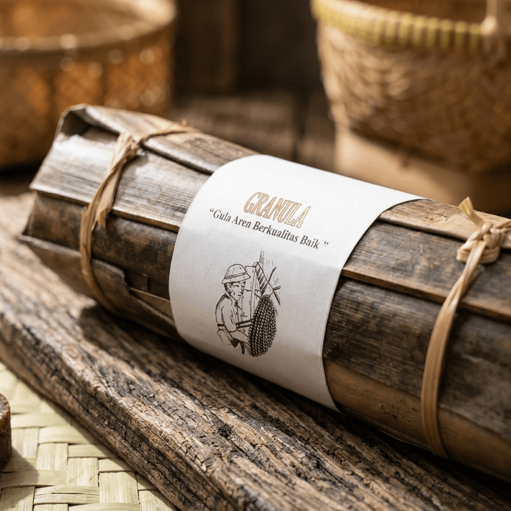 Tekstur gula aren cokelat pekat dengan aroma karamel dan smoky khas Granula